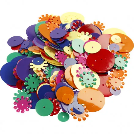 Lentejuelas, colores surtidos, redondas, tamaño 10–25 mm, 250 g/1 paquete.